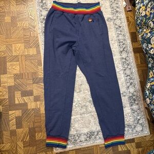 Aviator Nation Blue jogger sweatpants with Rainbow Accents